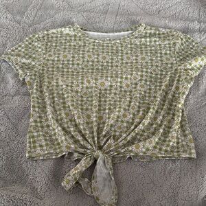 Green Floral Tie-Front Top